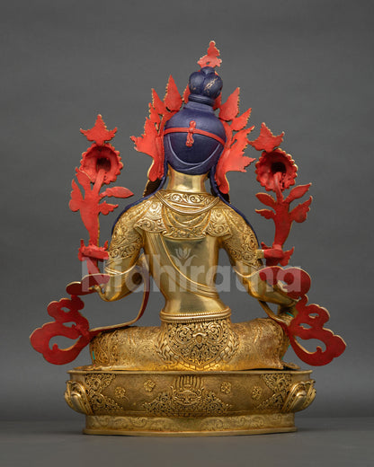 Green Tara Statue Back View Lotus Seat Engraving Sacred Symbols and Copper Craft