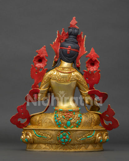 Back view of Green Tara statue Sri Lanka with sacred mantra inlaid in turquoise on lotus seat