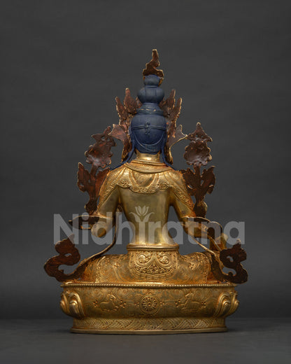 Green Tara Statue back view showing crown, hair and lotus pedestal detail
