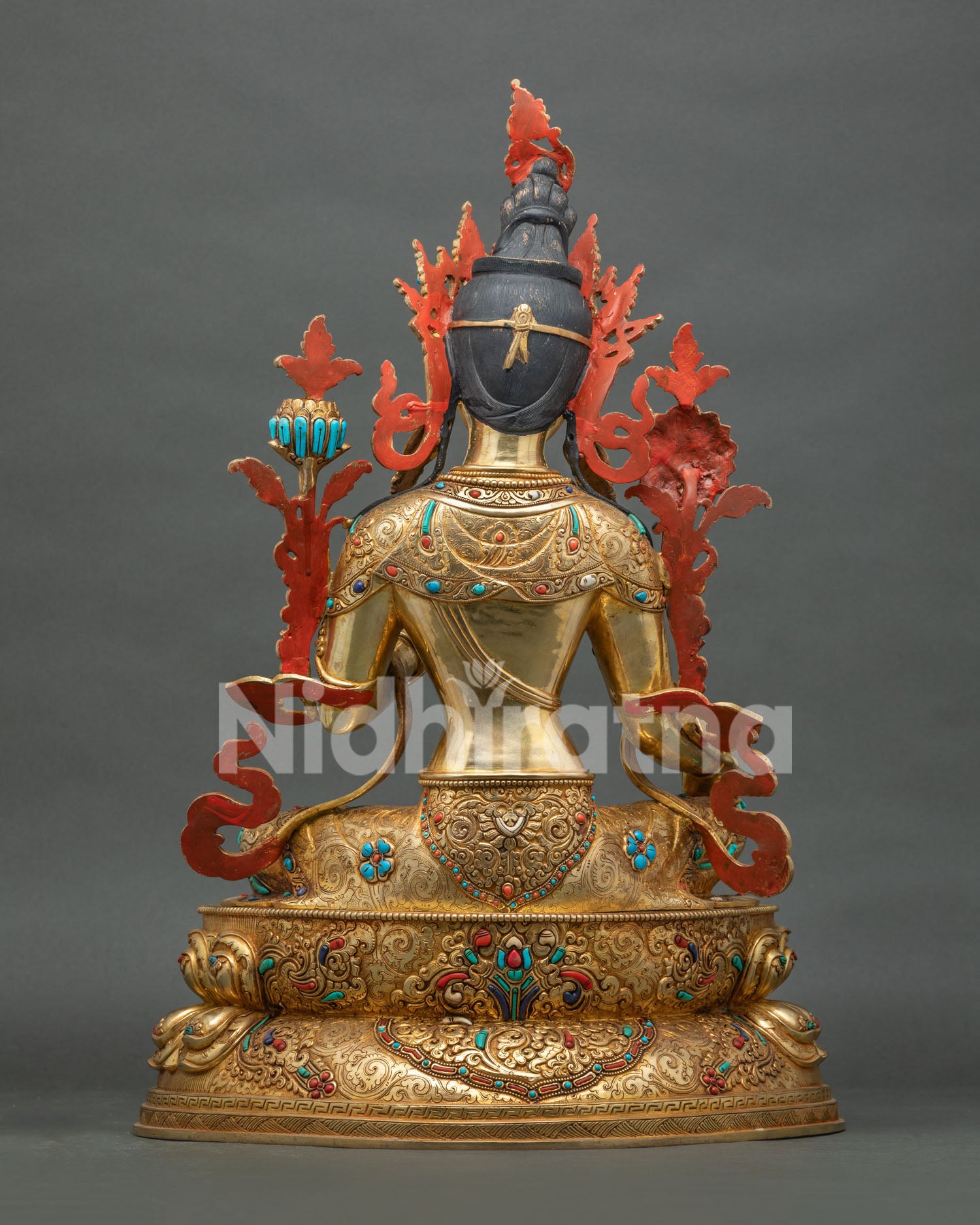 Green Tara statue, centerpiece for Buddhist shrine, meditation room or home altar with Himalayan artistry.