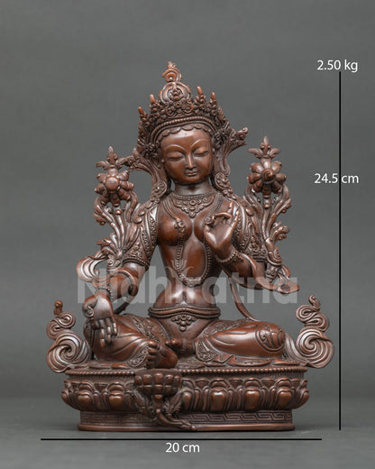 Green Tara statue chemically oxidized copper newari art patan nepal.