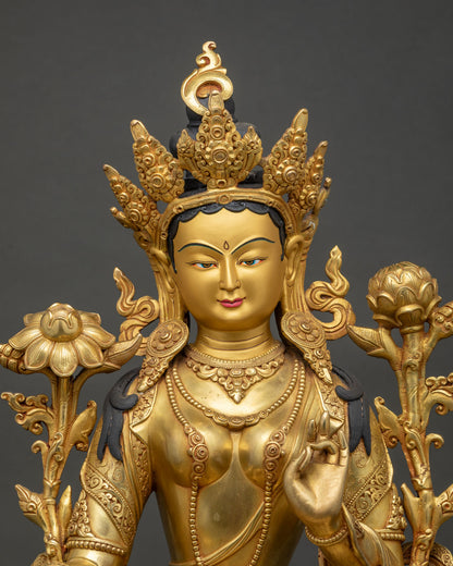 Green Tara Statue Close Up View, 24K Gold Gilded Copper Buddhist Sculpture