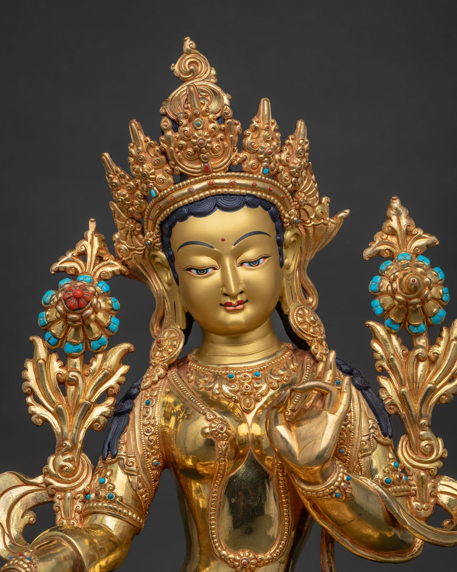 Green Tara Statue close up, 24K gold gilded copper statue by Newari artisans