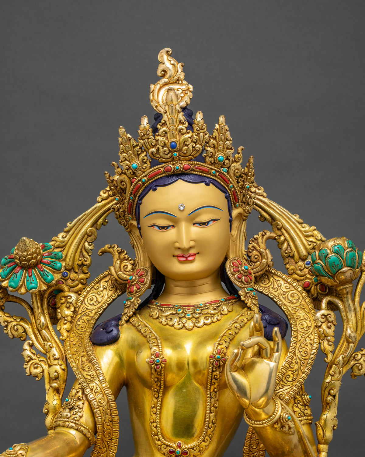 Green Tara Statue close-up, gold-gilded copper Newari craftsmanship detail