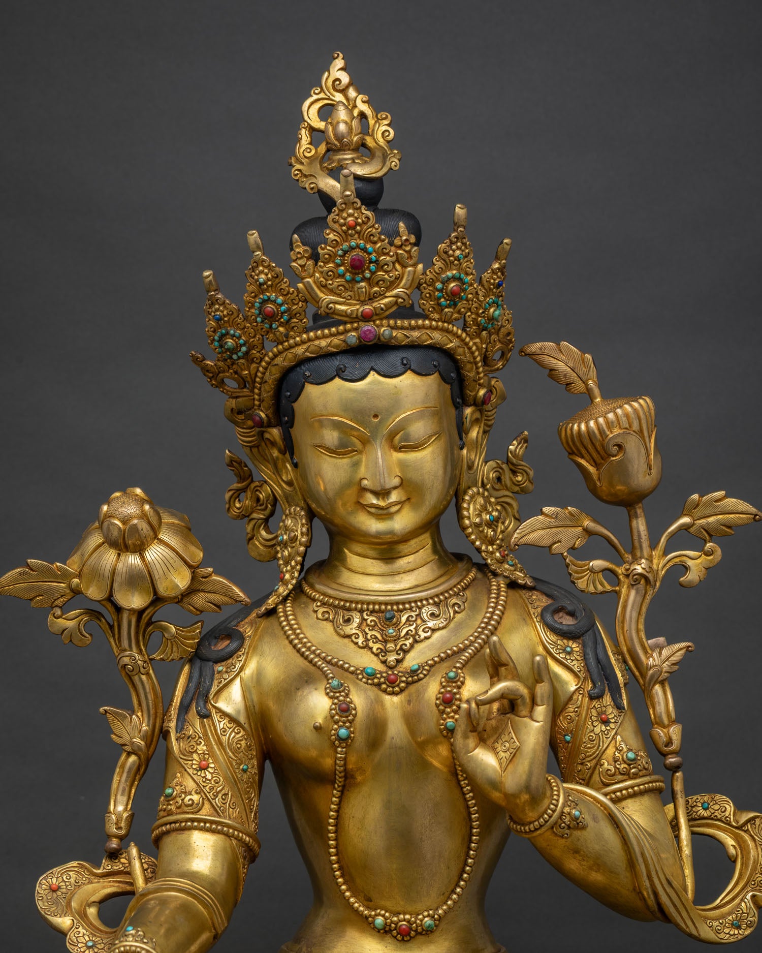 Green Tara Statue close-up, hand-chased copper detailing with turquoise inlay