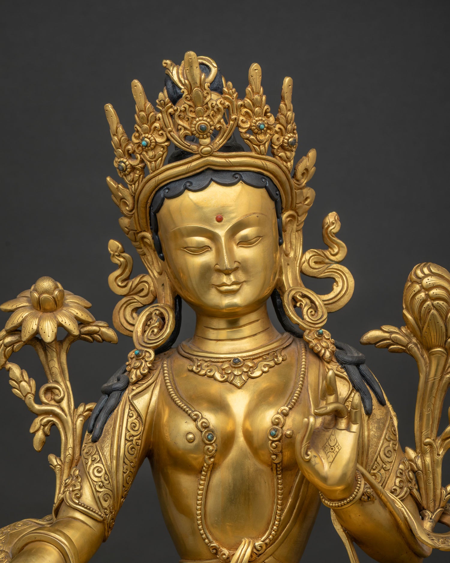 Green Tara Statue Close-Up, Hand-Chased Gold Fire-Gilded Copper Detail