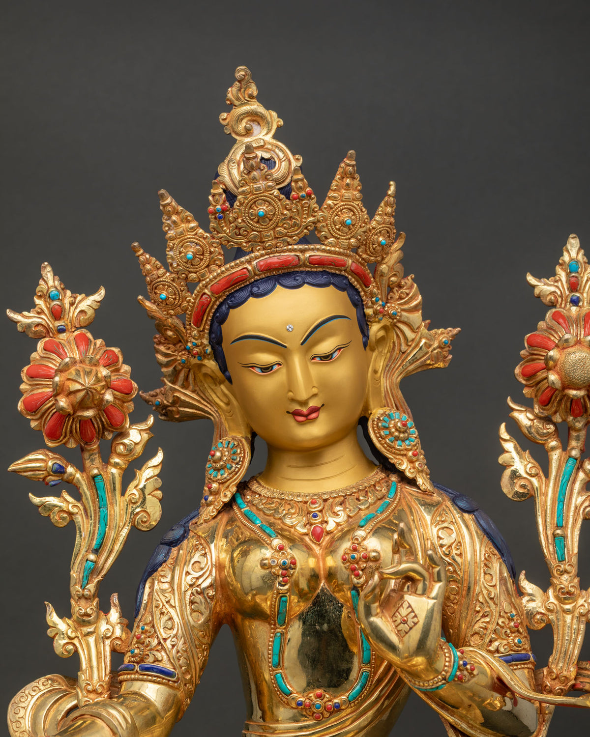 Green Tara Statue close-up, intricate gold fire-gilded copper jewelry detailing