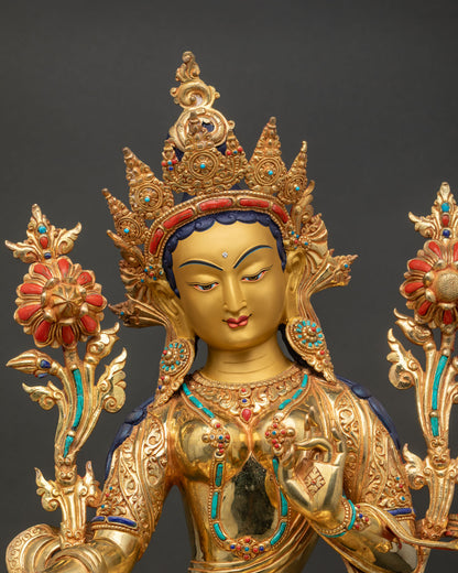 Green Tara Statue close-up, intricate gold fire-gilded copper jewelry detailing