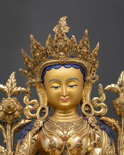 Green Tara statue close-up view showing intricate craftsmanship, copper details and gold gilding
