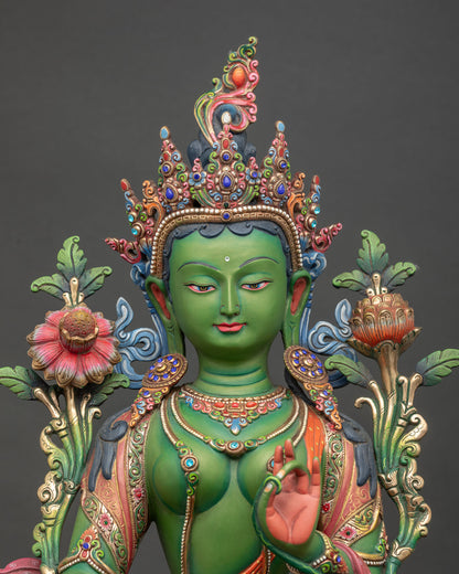 Green Tara Statue Close Up with Hand Painted Details and Semi Precious Stones