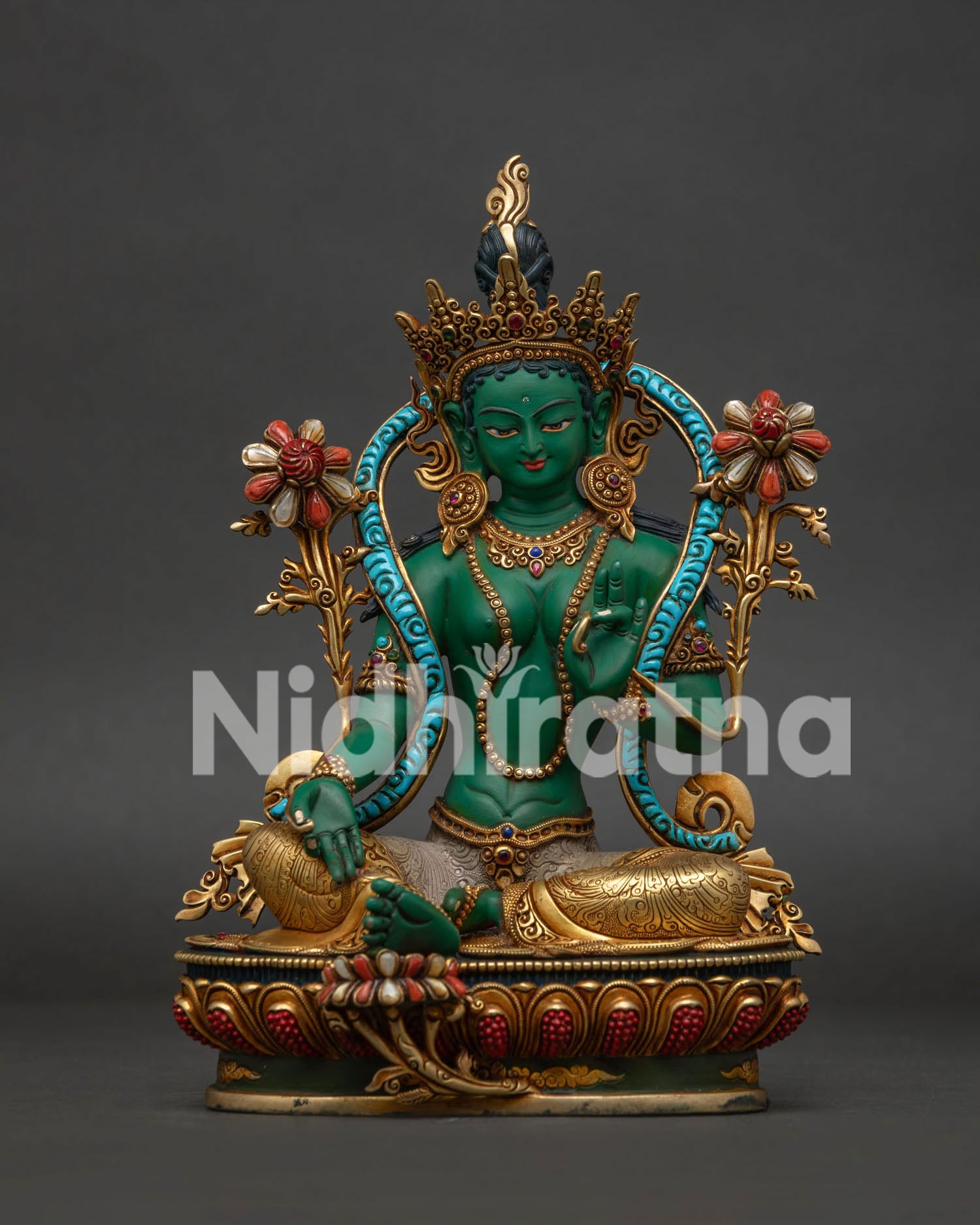 Green Tara Statue — copper body, gold-gilded garments, turquoise robe and coral gem lotus, Nepal