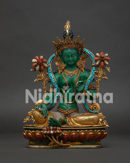 Green Tara Statue — copper body, gold-gilded garments, turquoise robe and coral gem lotus, Nepal
