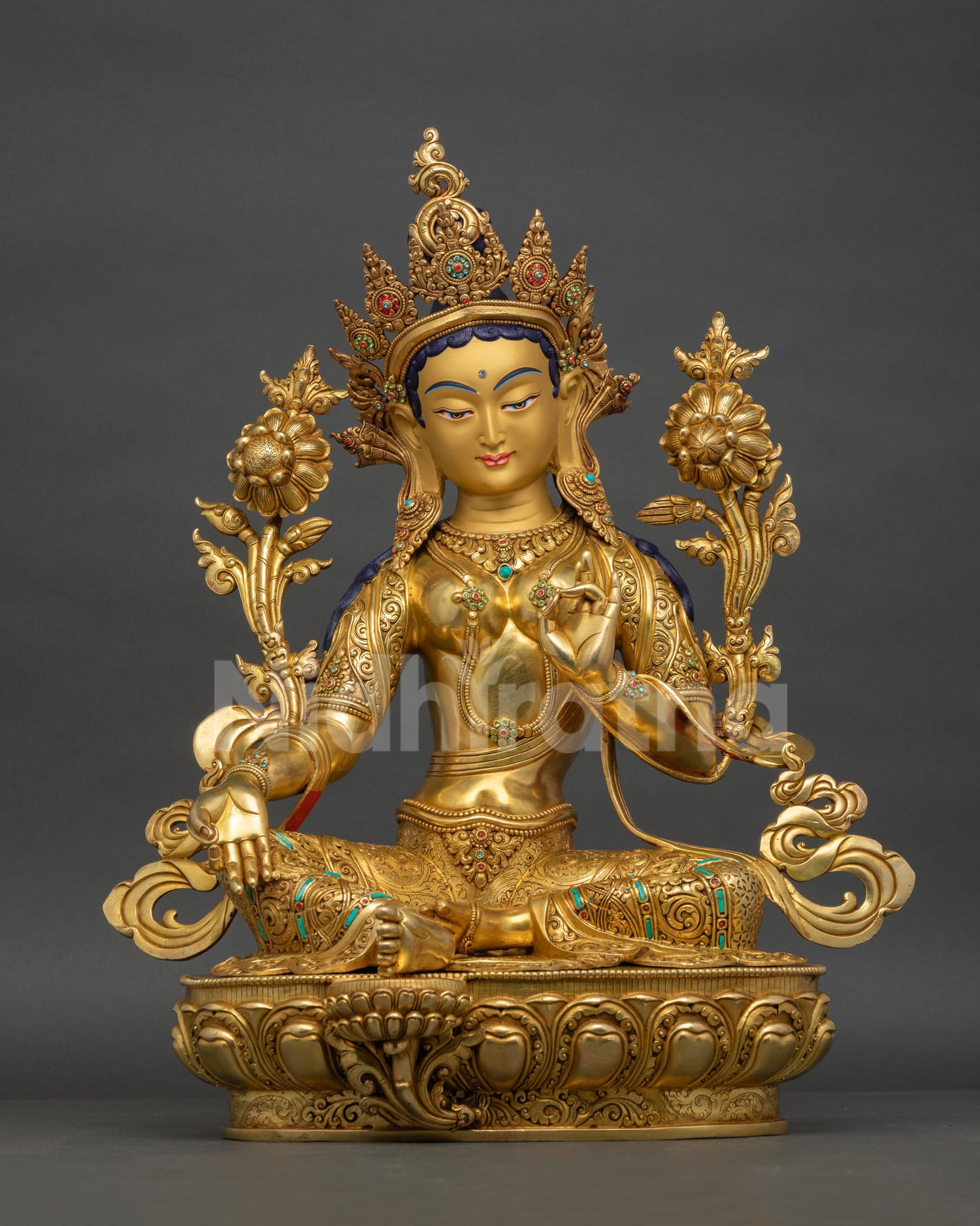 Green Tara Statue Copper Gold Gilded Front View Lotus Seat Nepalese Buddhist Art