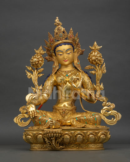 Green Tara Statue Copper Gold Gilded Front View Lotus Seat Nepalese Buddhist Art