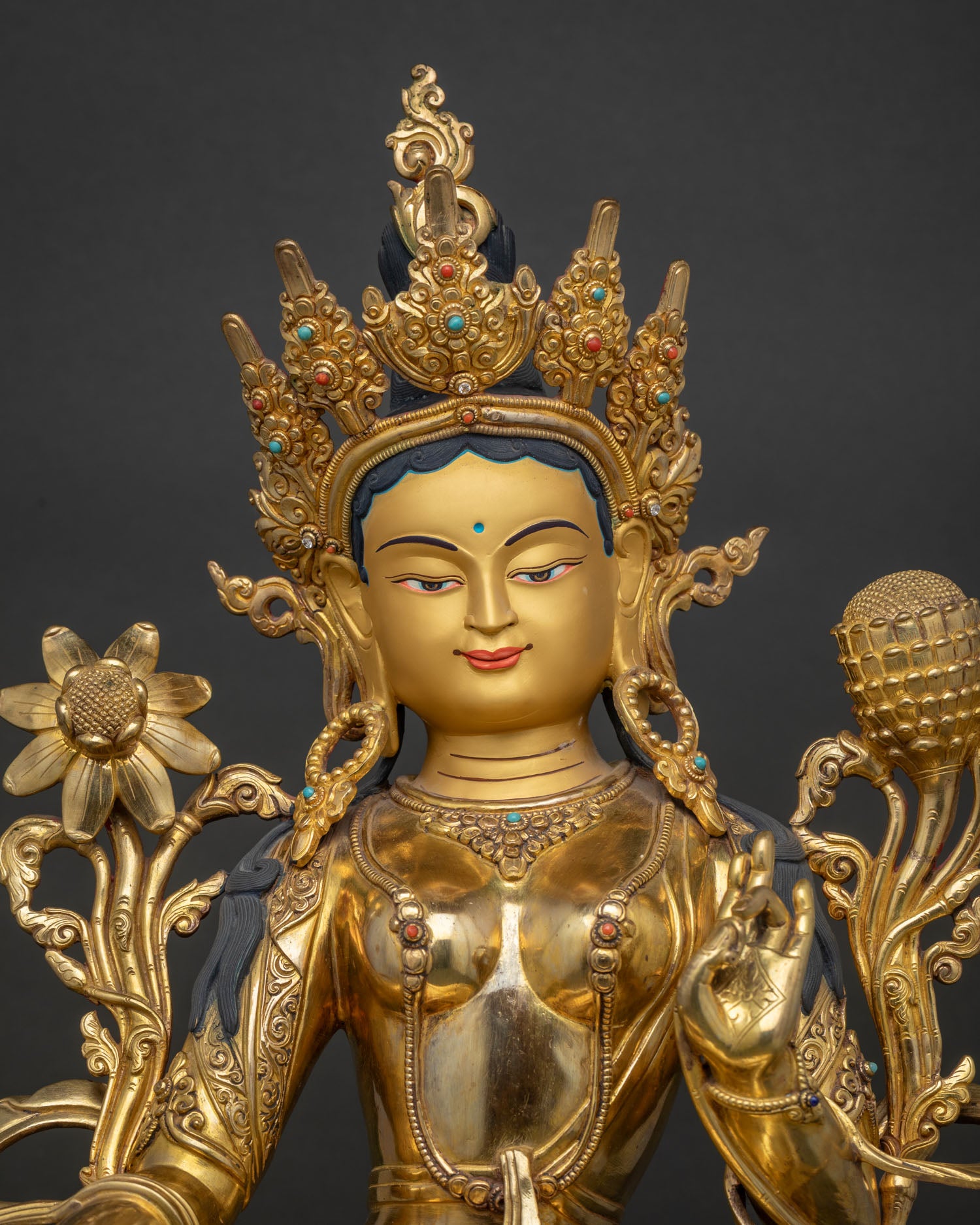 green tara statue copper sculpture with gold gilding regular close up