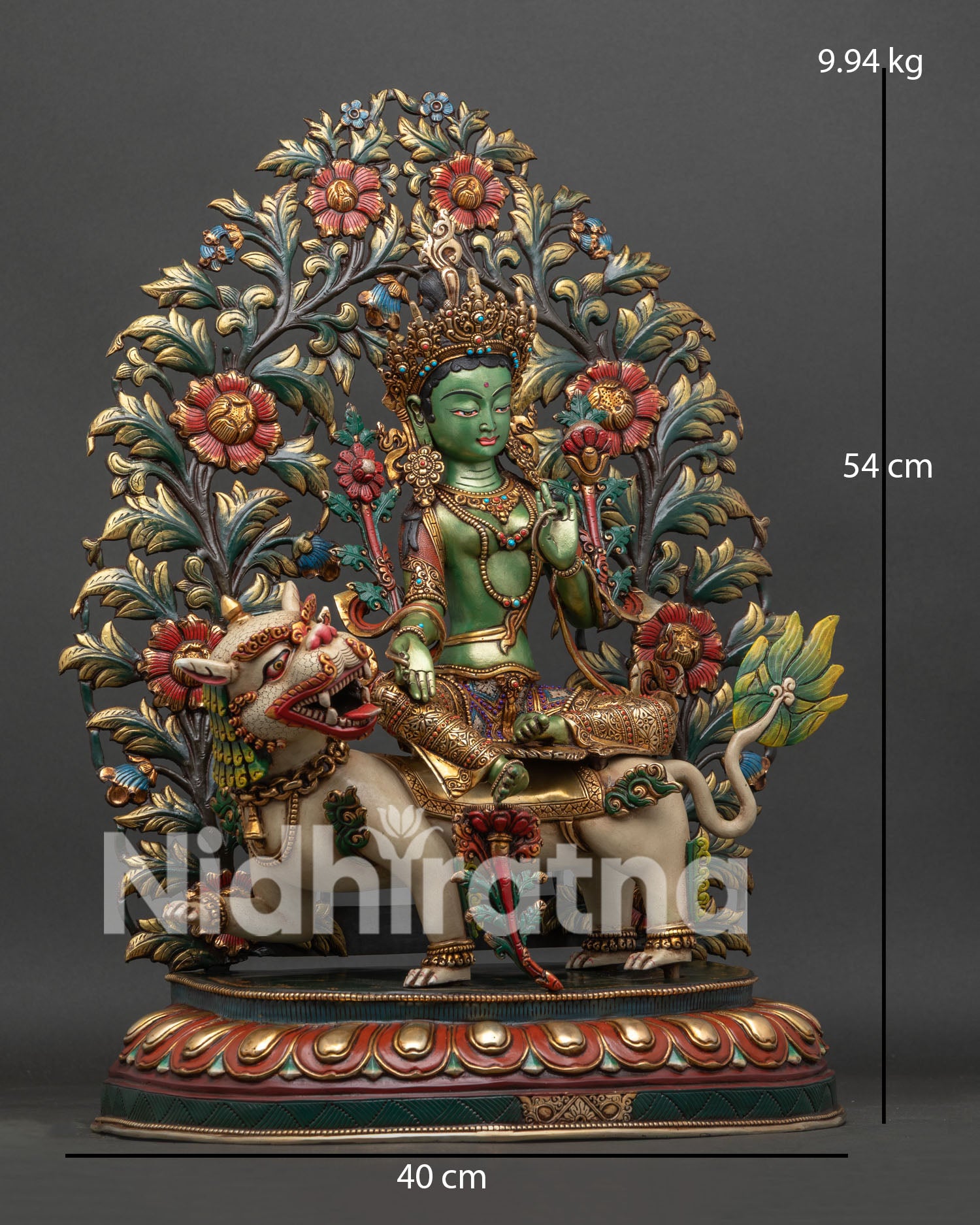 Green Tara statue dimensions: 54cm tall, 40cm wide, 9.94kg gold-gilded copper