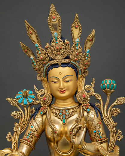 Green Tara statue elaborate gold crown and jewelry Nepal handmade