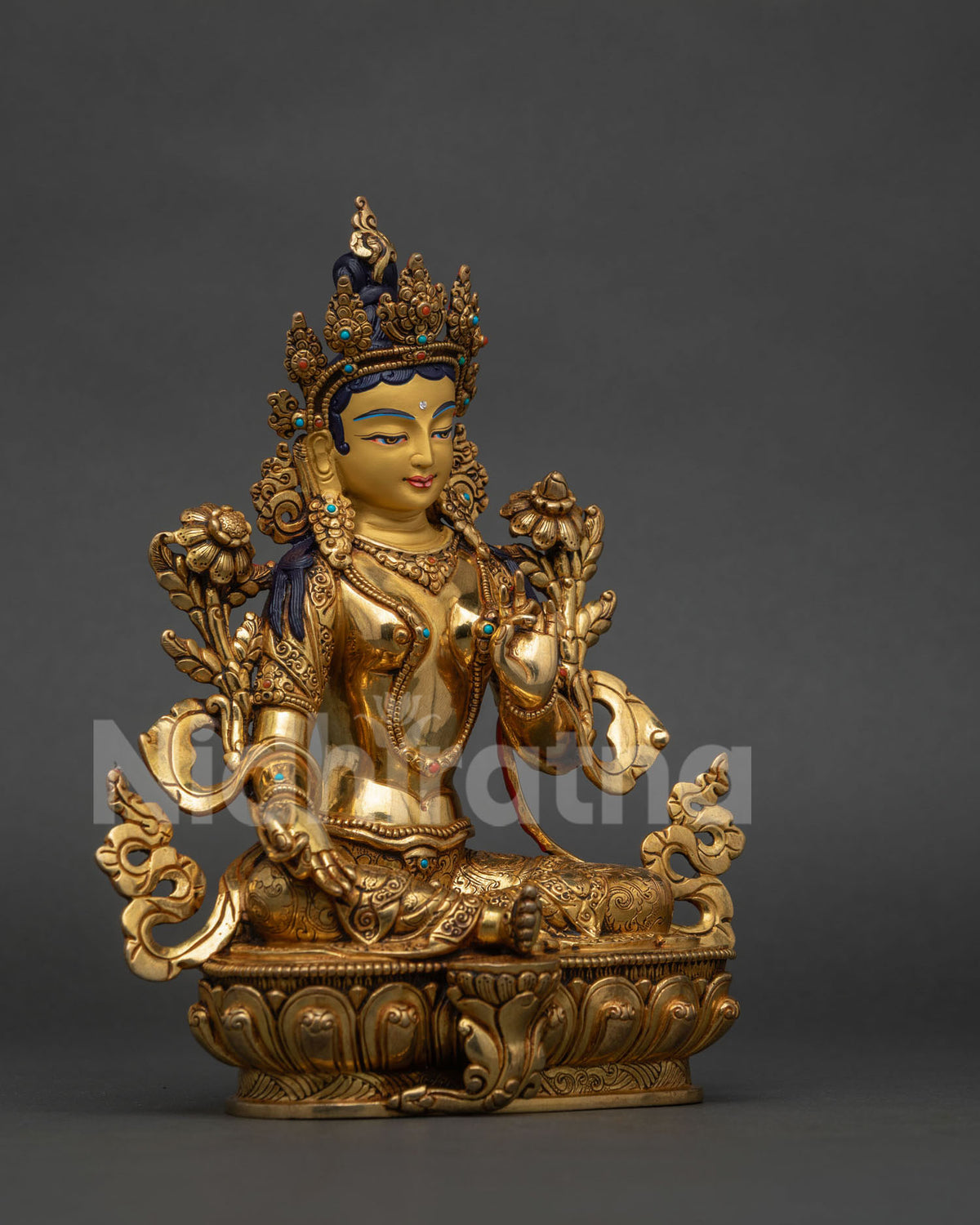 Green Tara Statue Five Jewel Crown Layered Necklace Semi Precious Stone Details.