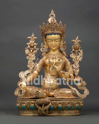 Green Tara Statue from Nepal, featuring semi-precious stones, and intricate Buddhist craftsmanship.