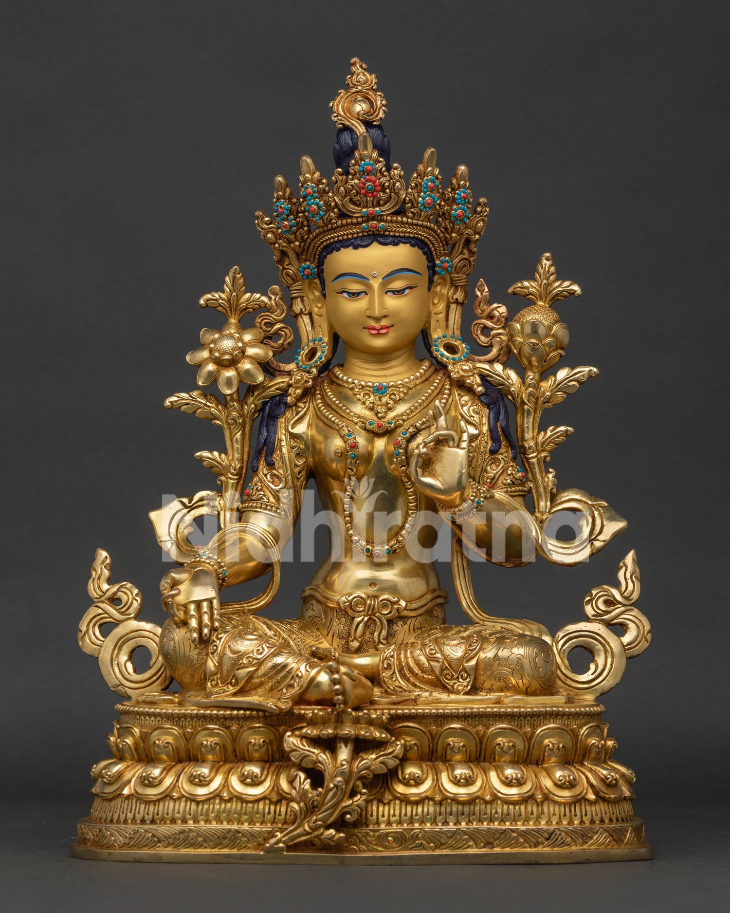 Green Tara Statue from Nepal front view handcrafted 24K gold gilded copper sculpture