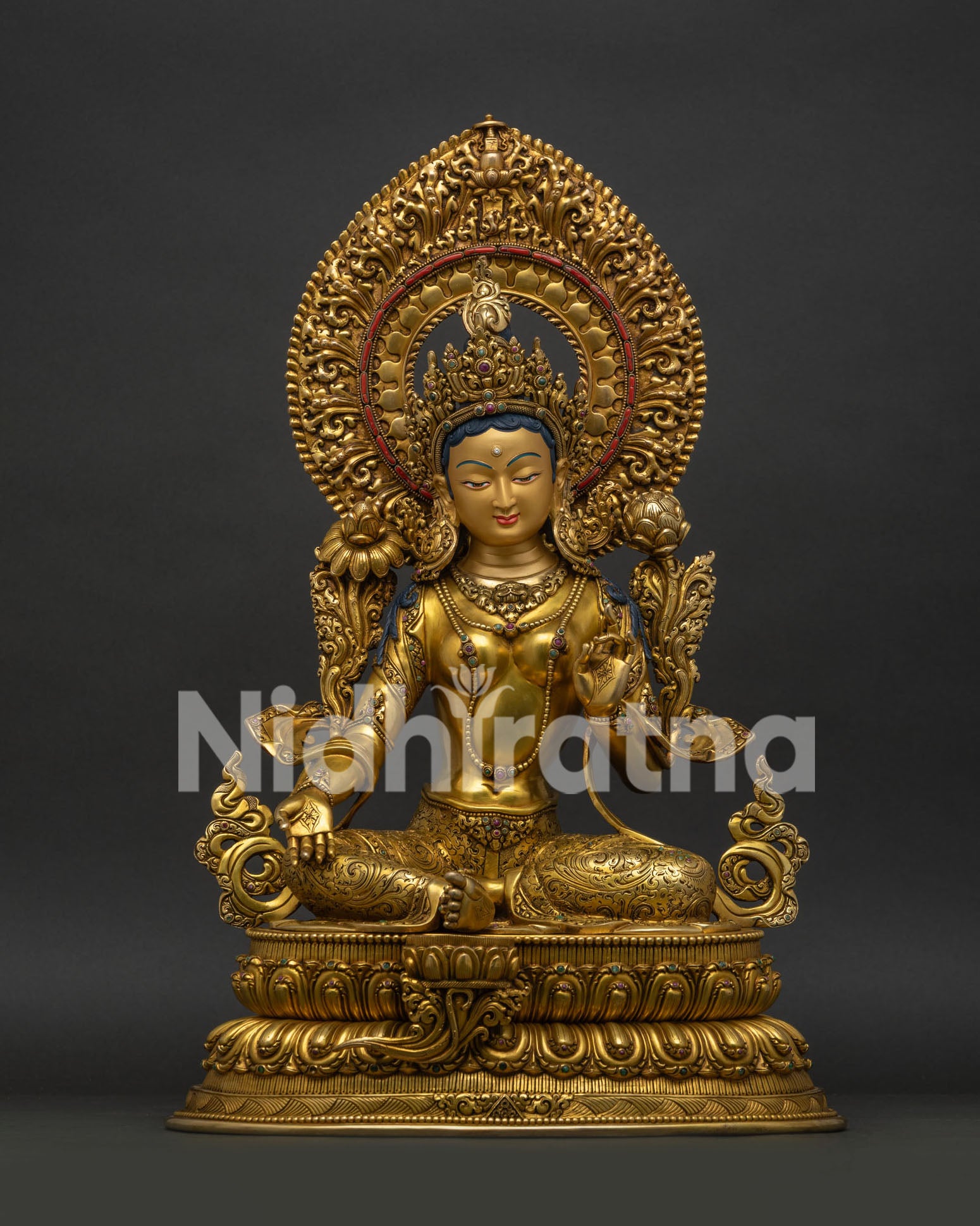 Green Tara Statue from Nepal handcrafted 24K gold fire gilded copper front view