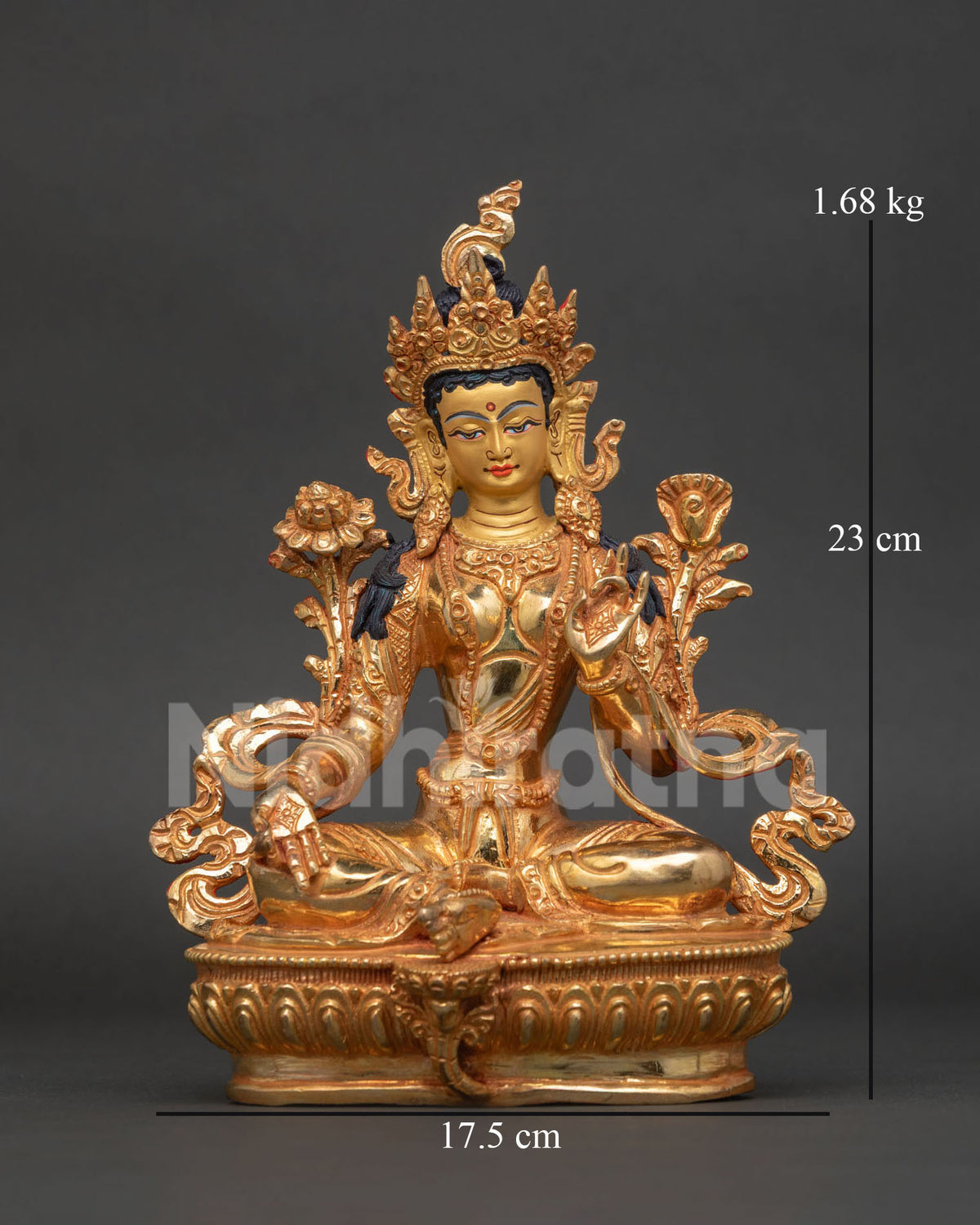 Green Tara statue from patan nepal with gold fire gilded finish and 24k gold painted face.