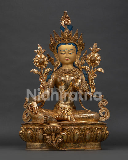 Green Tara statue front view, 20 inch handcrafted copper Buddhist goddess with gold gilding