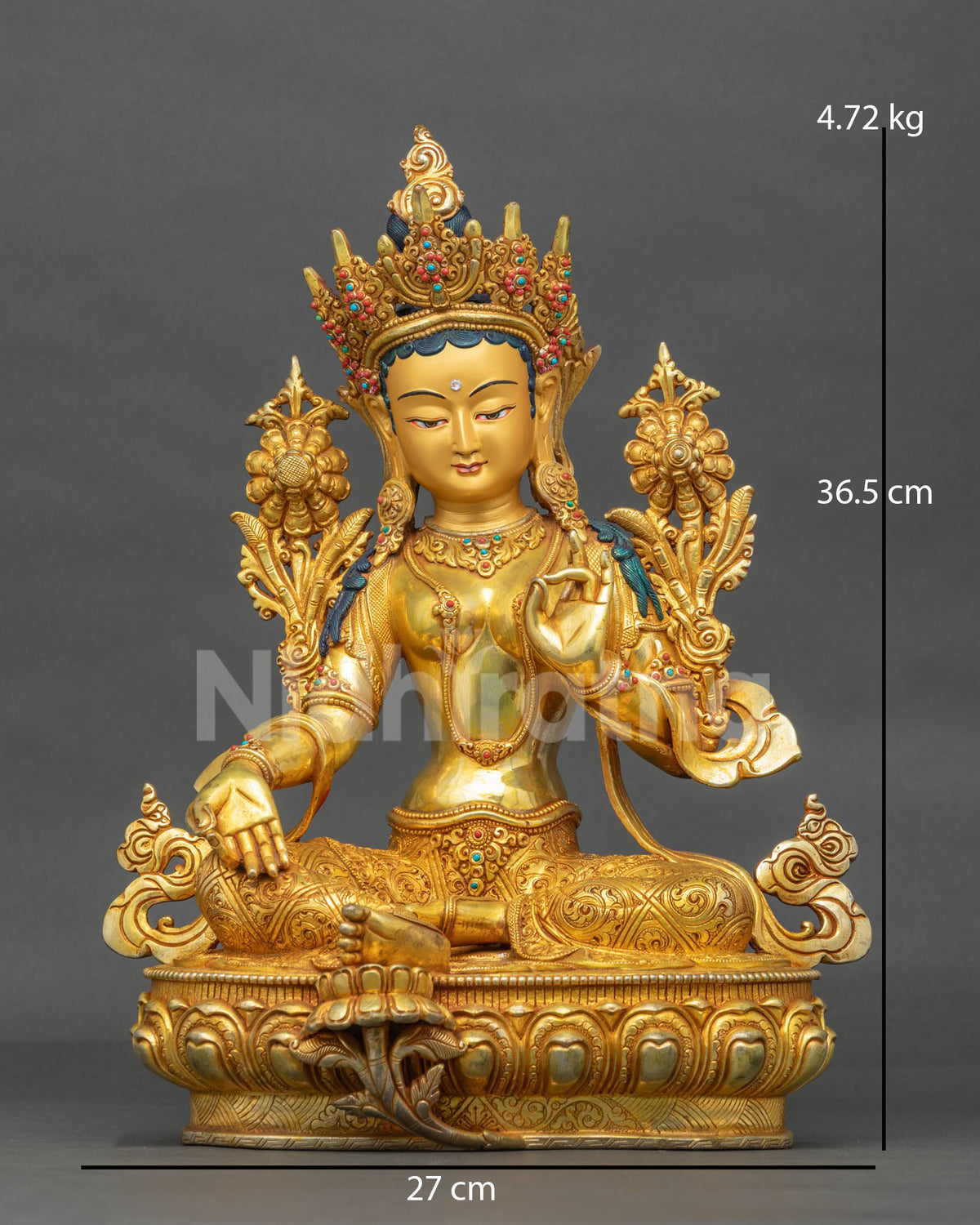 Green Tara statue front view, 24K gold fire-gilded copper, handcrafted in Patan Nepal