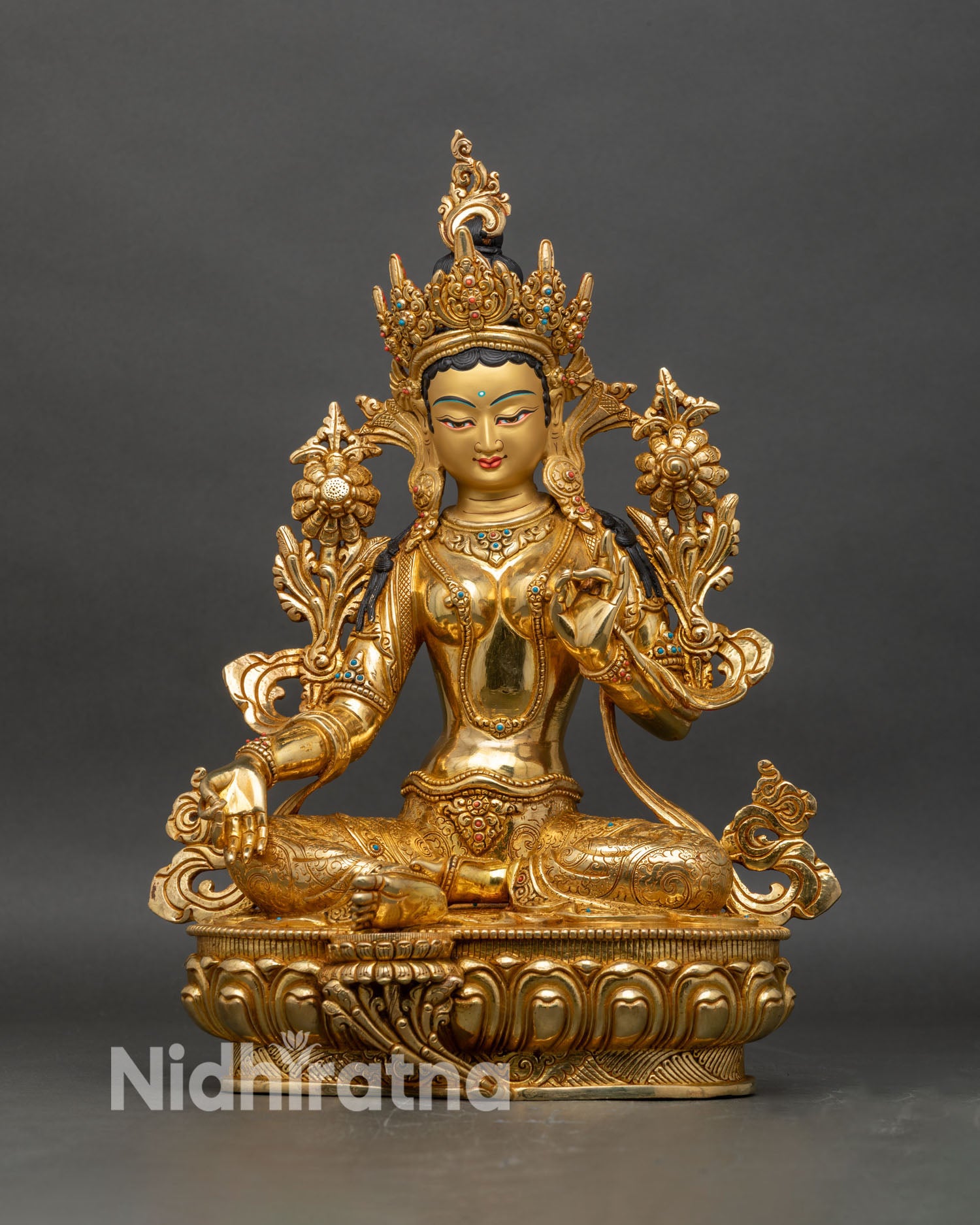 Green Tara statue front view, 24K gold fire-gilded handmade Nepalese sculpture