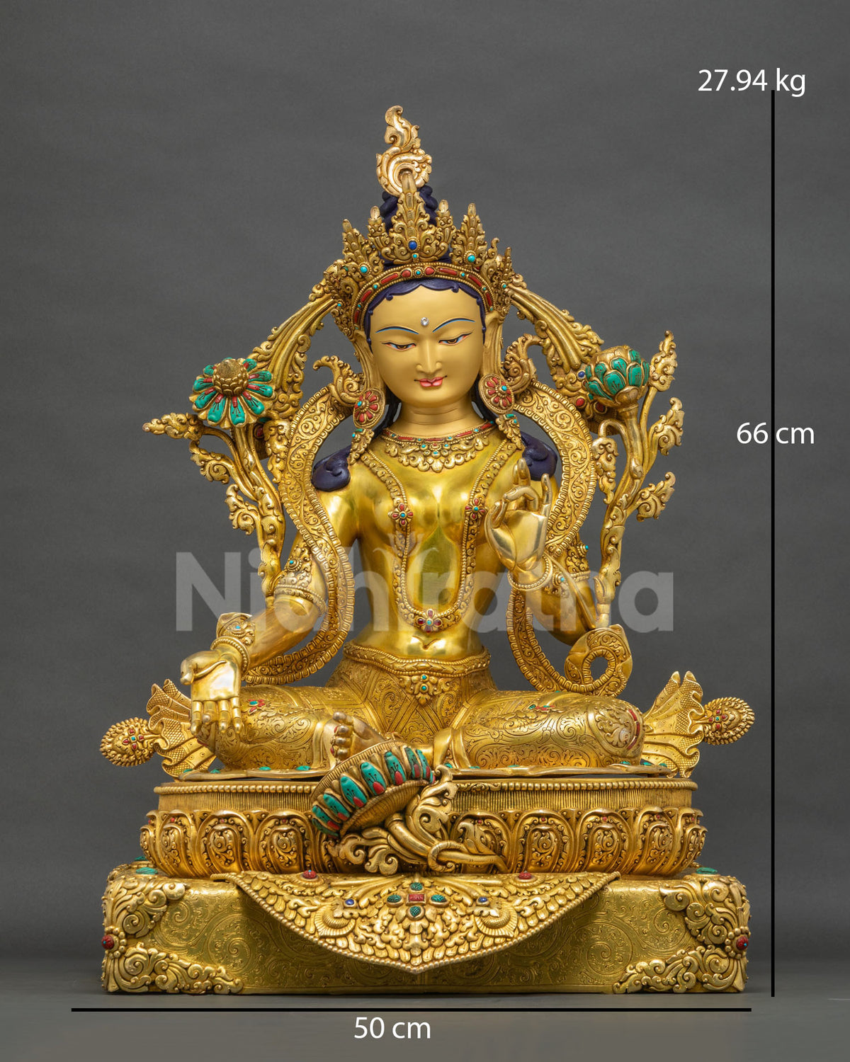 Green Tara Statue front view, 24K gold-gilded copper Bodhisattva of compassion