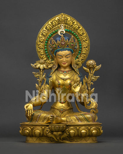Green Tara statue front view: 24K gold-gilded copper, handcrafted Nepal, lotus throne