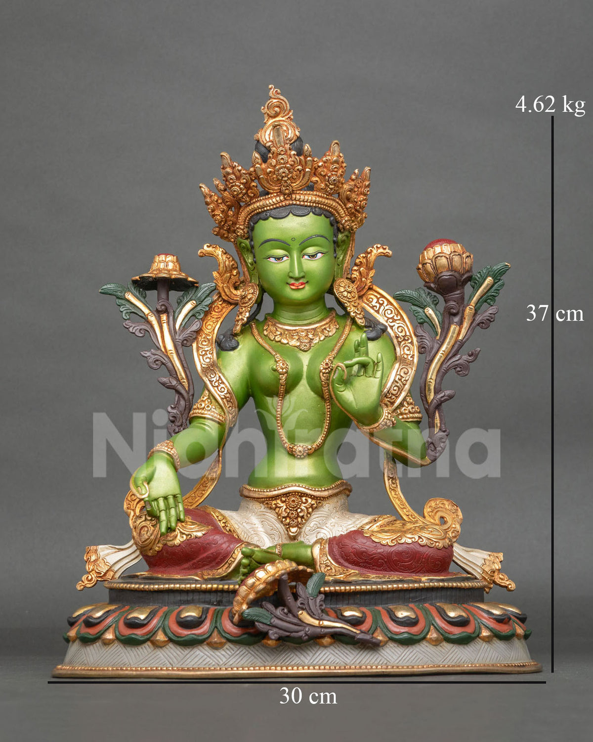 Green Tara statue front view with 24K gold gilded copper and Nepalese Buddhist artistry.