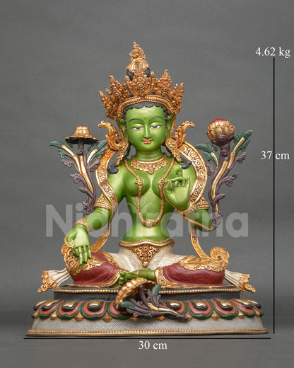 Green Tara statue front view with 24K gold gilded copper and Nepalese Buddhist artistry.