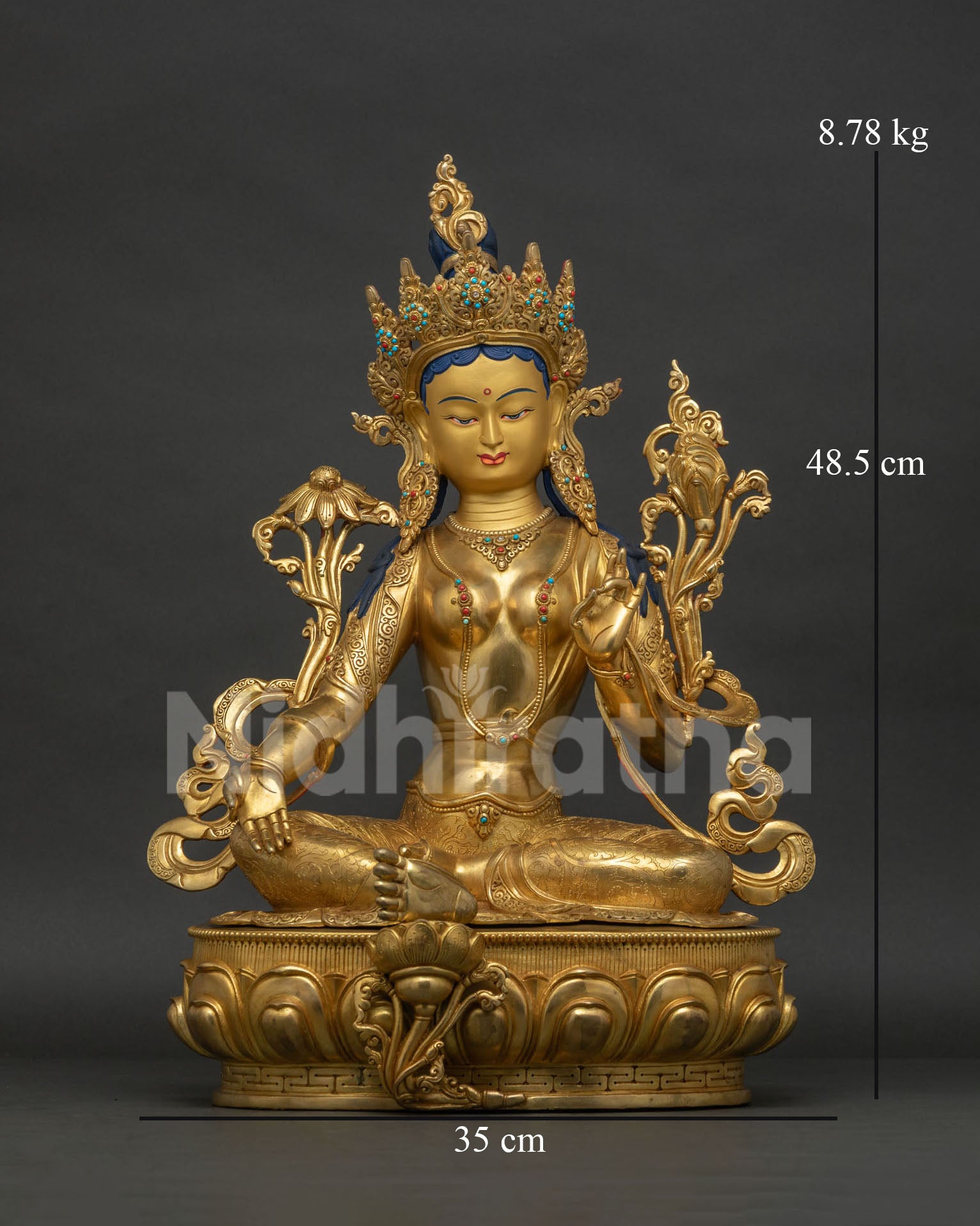 Green Tara Statue front view, 24K gold gilded copper sculpture handmade in Nepal