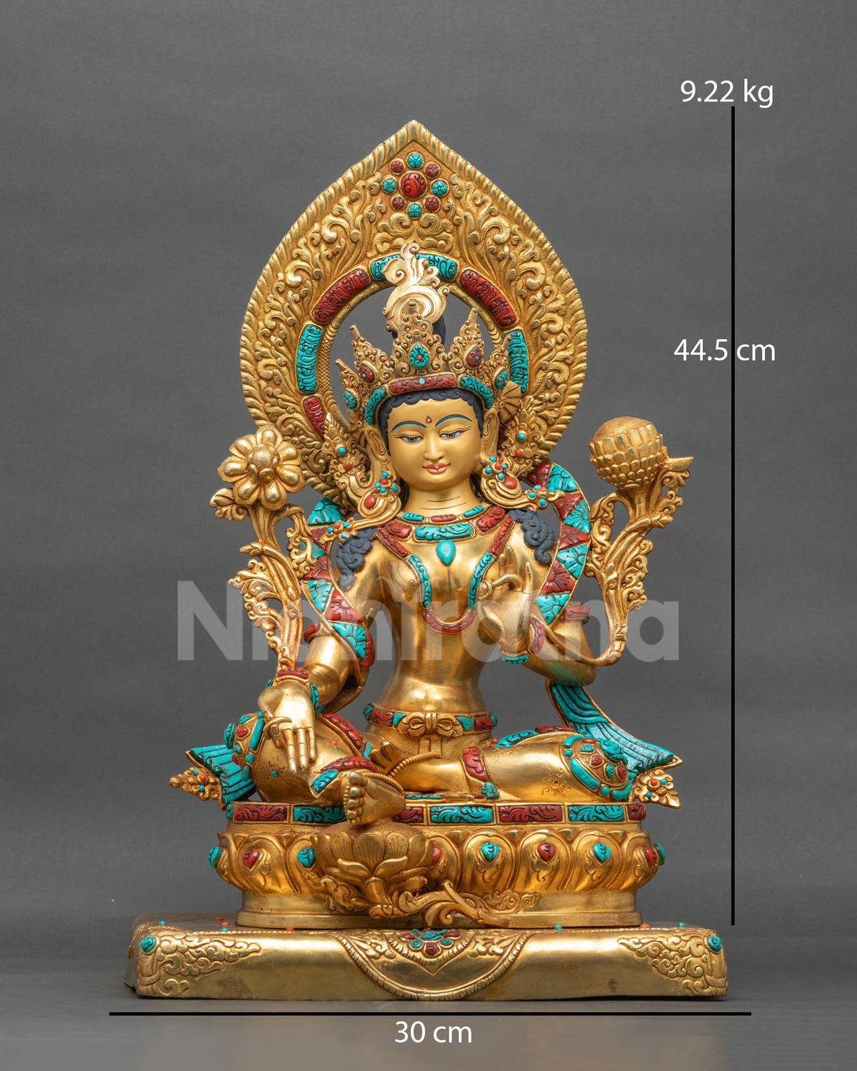 Green Tara statue front view, 24K gold gilded copper with semi-precious stones