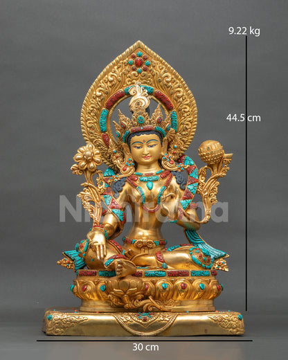 Green Tara statue front view, 24K gold gilded copper with semi-precious stones