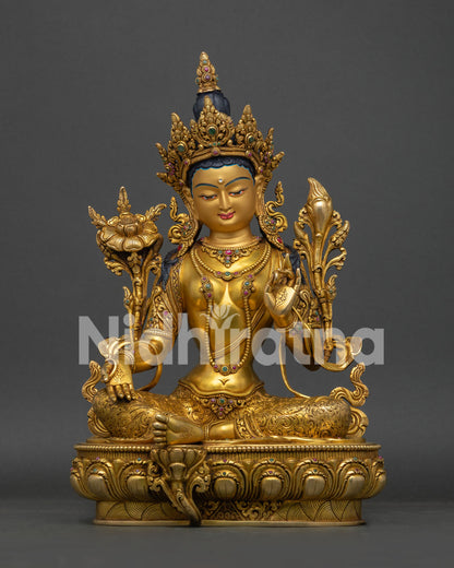 Green Tara Statue front view - 24K gold gilded Nepali Buddhist meditation statue