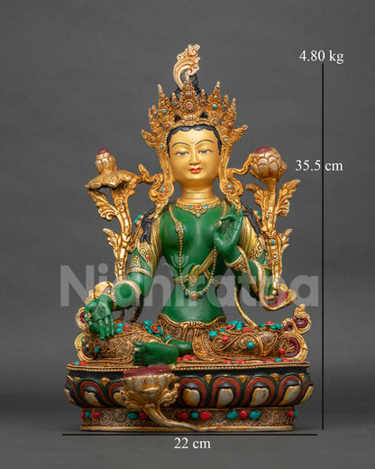 Green Tara statue front view with 24K gold painted copper Buddhist sculpture.