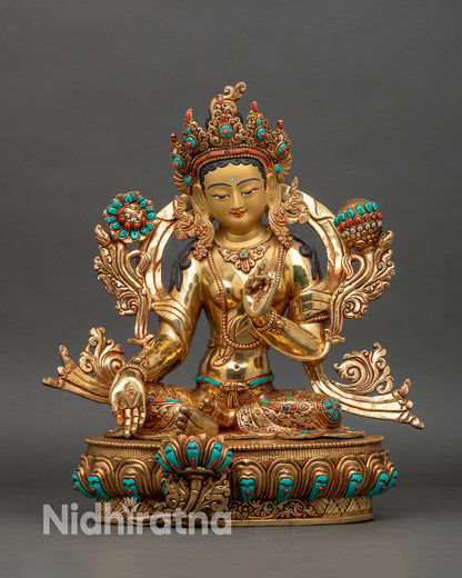 Green Taara statue front view, fire gilded gold on copper with lotus base