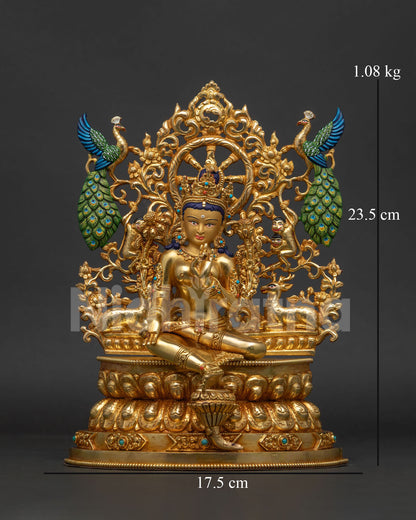 Green Tara statue front view, gold copper craftsmanship with peacock, deer & vines