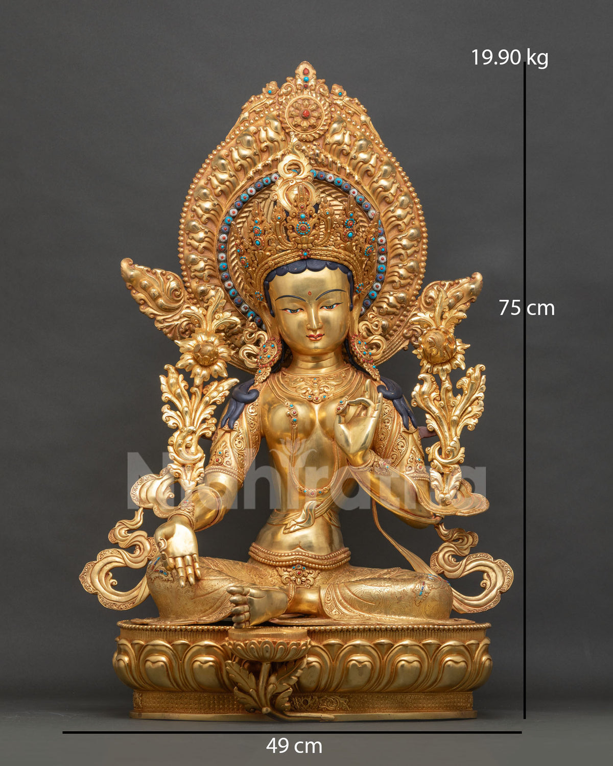 Green Tara statue front view, gold fire-gilded Buddhist sculpture from Nepal
