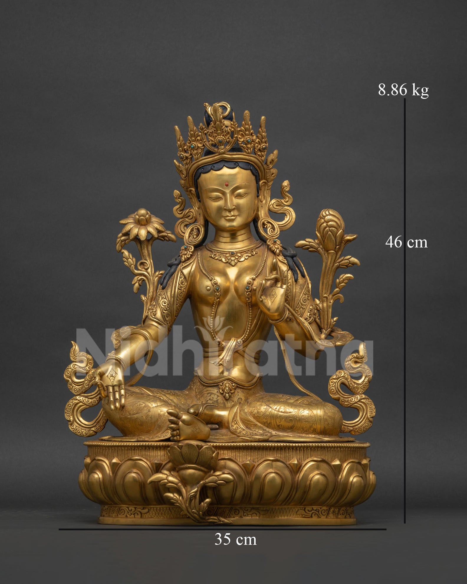 Green Tara Statue Front View, Gold Fire-Gilded Copper Buddhist Statue from Nepal