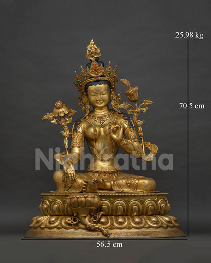 Green Tara Statue front view, gold fire-gilded copper, Nepal handmade Buddhist art