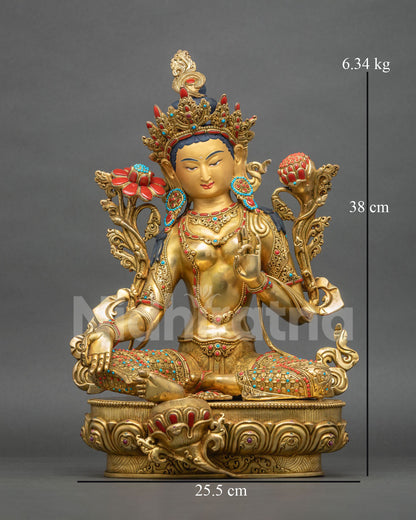 Green Tara statue front view, gold fire-gilded copper on lotus throne with turquoise and coral inlays