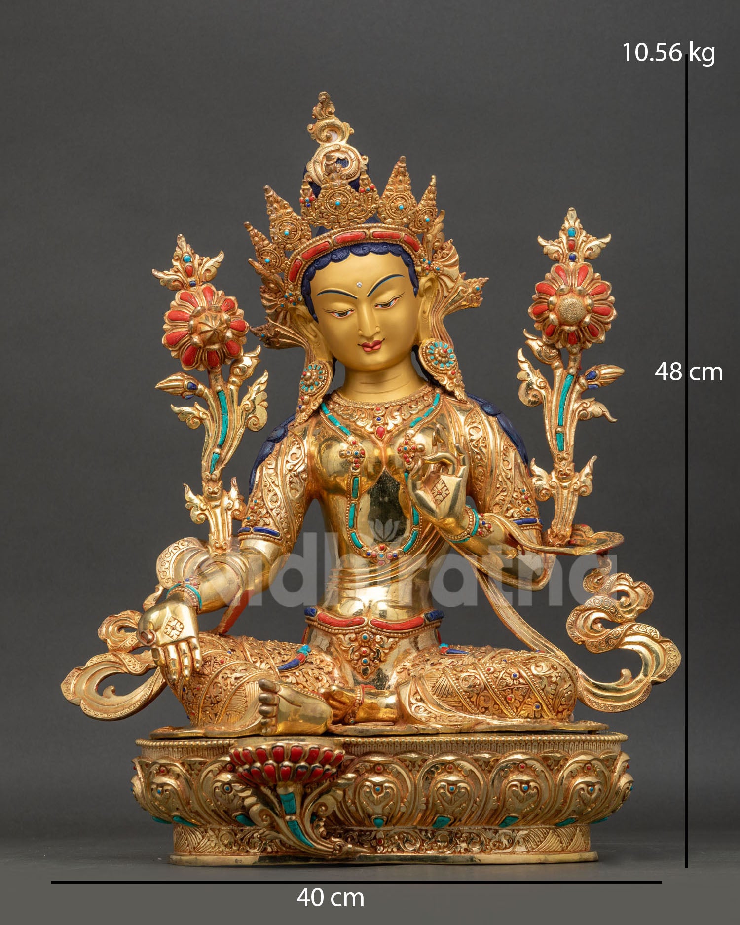 Green Tara Statue front view, gold fire-gilded copper with turquoise and coral inlay