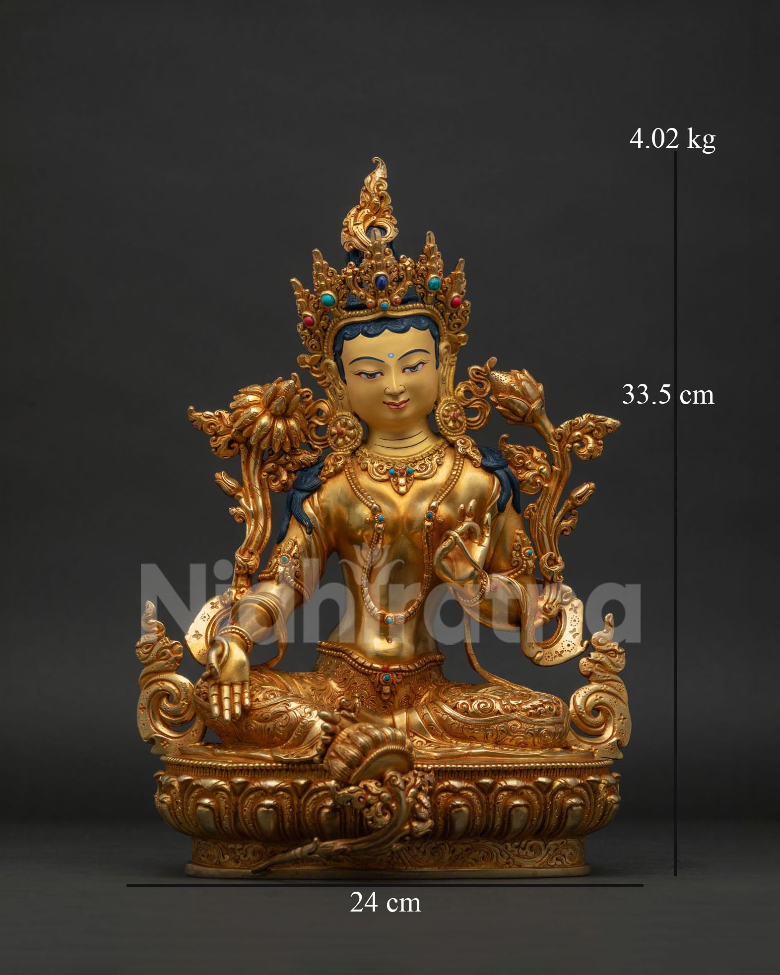 Green Tara Statue front view, gold-gilded Buddhist goddess of compassion & protection