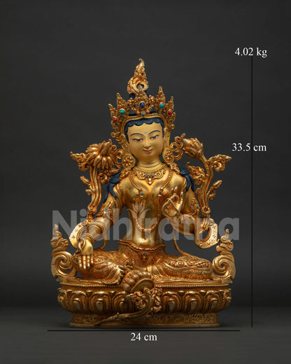 Green Tara Statue front view, gold-gilded Buddhist goddess of compassion & protection