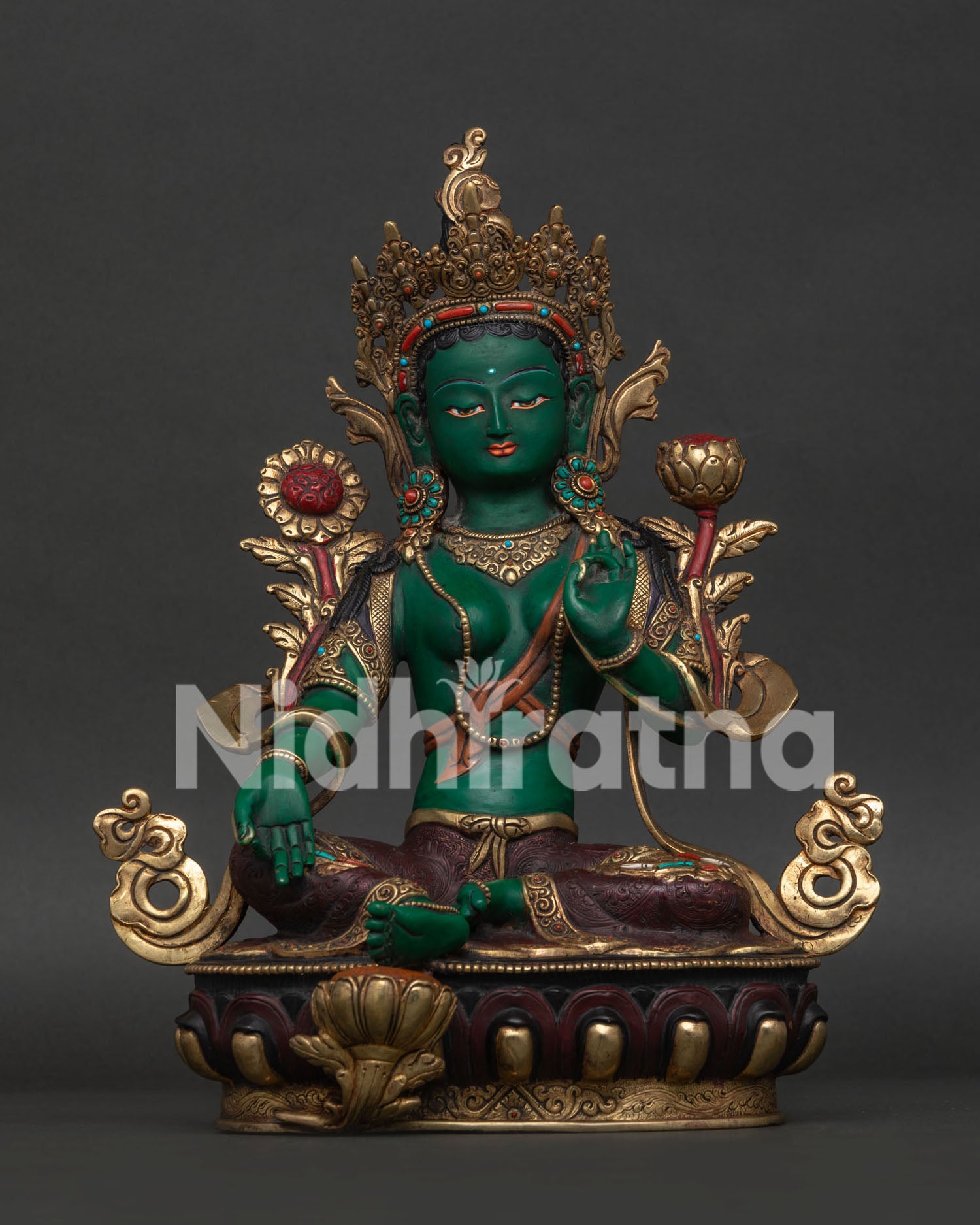 Green Tara Statue Front View Gold Gilded Copper Buddhist Female Buddha Sculpture from Nepal.