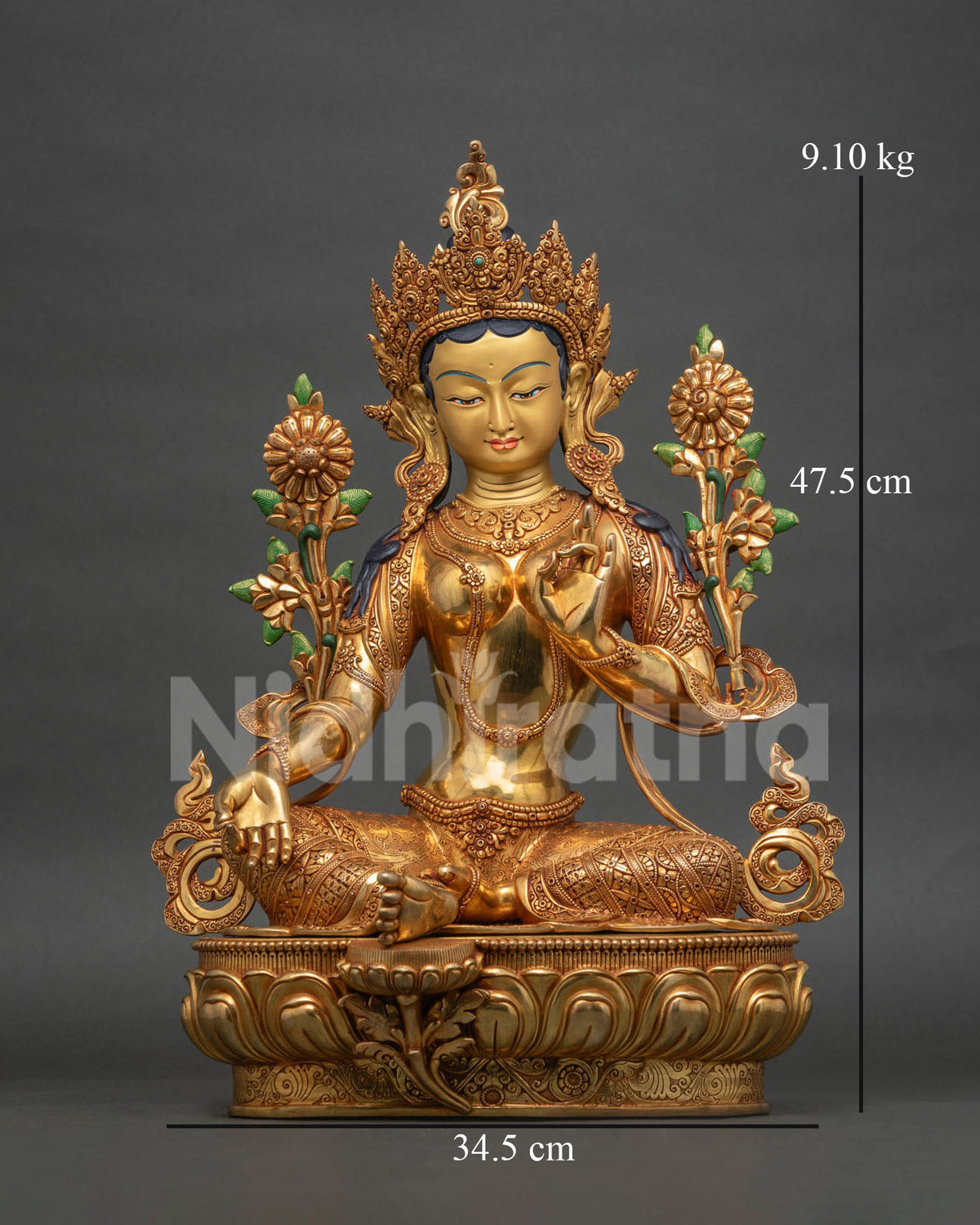 Green Tara statue front view, gold-gilded copper Buddhist sculpture from Nepal
