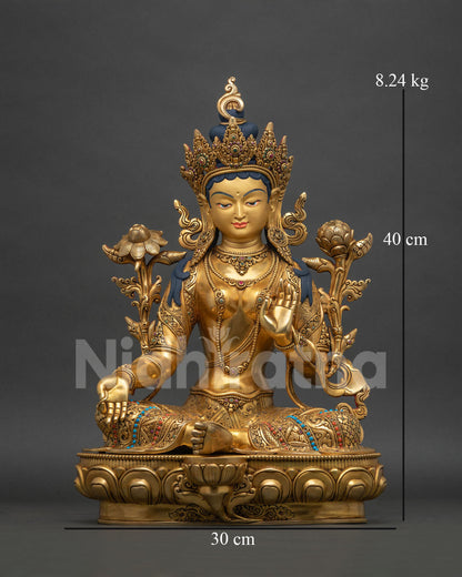 Green Tara statue front view, gold-gilded copper Buddhist sculpture handcrafted in Nepal